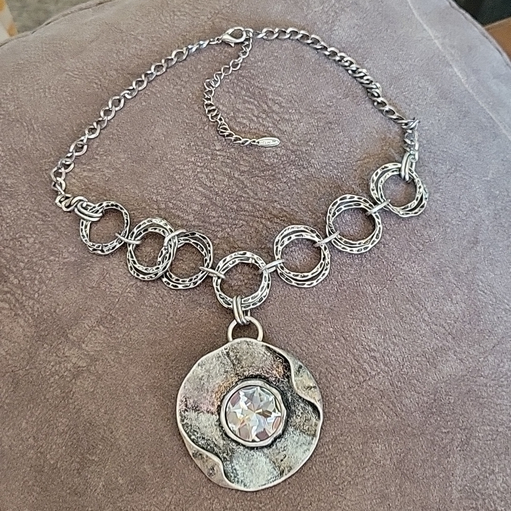 Vtg VCLM Industrial Metal Rhinestone Circle Pendant Festival Chain Necklace - Picture 2 of 7